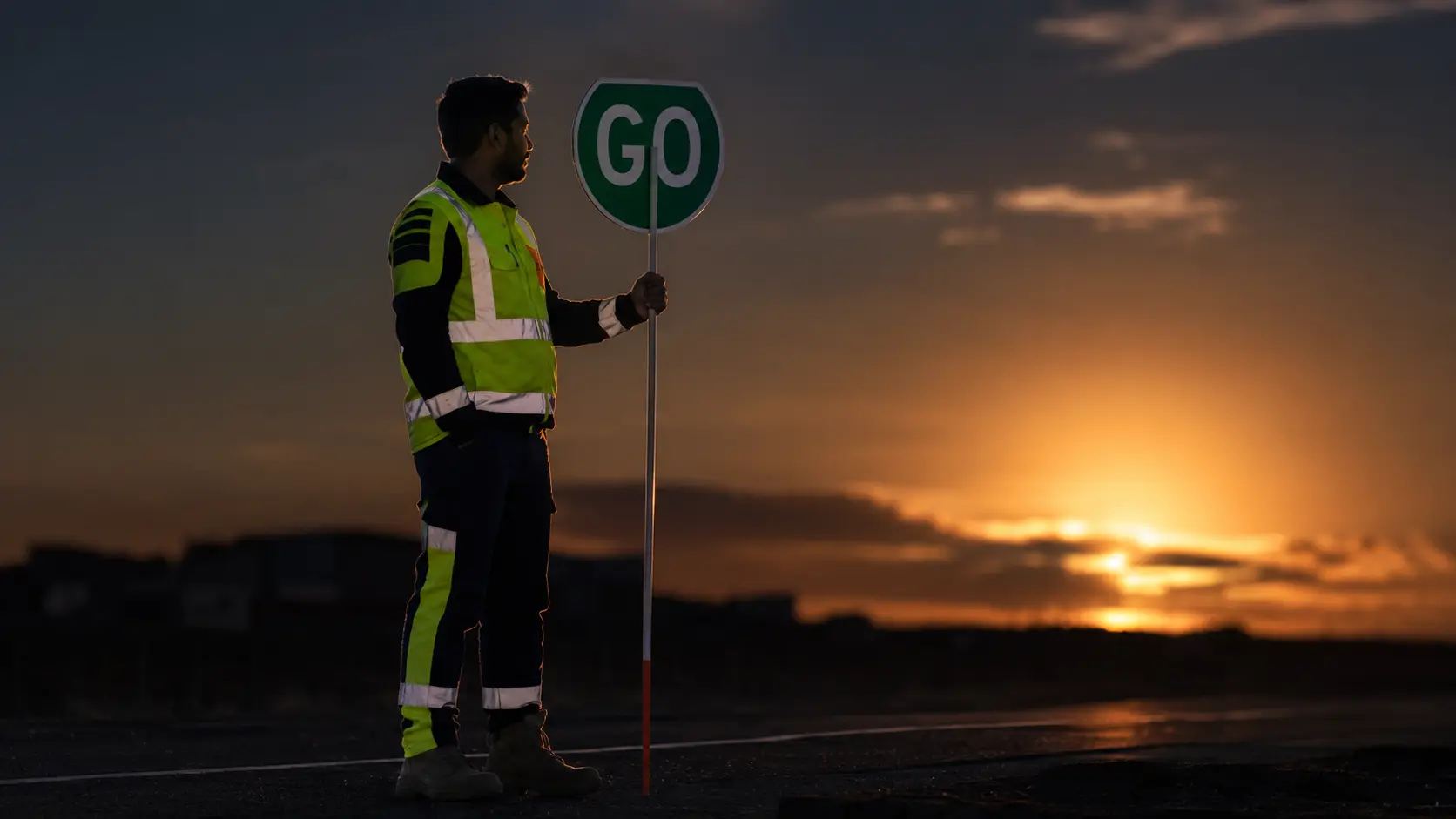 Men at Work traffic controller holding a GO sign on the road at sunset