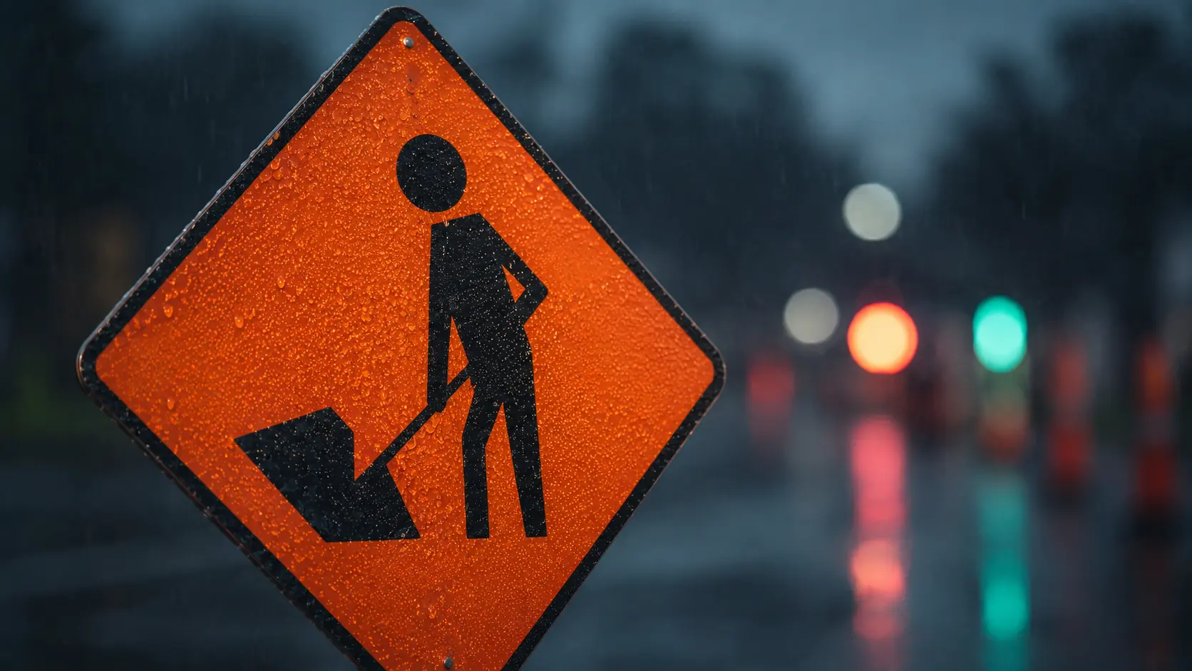 Rain-beaded orange roadworks sign on a wet road at dusk
