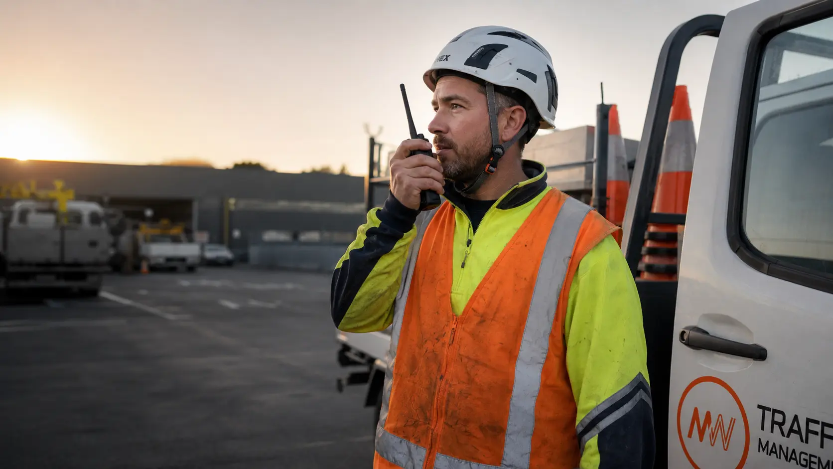 Men at Work traffic controller talking on a handheld radio beside a company ute at sunset
